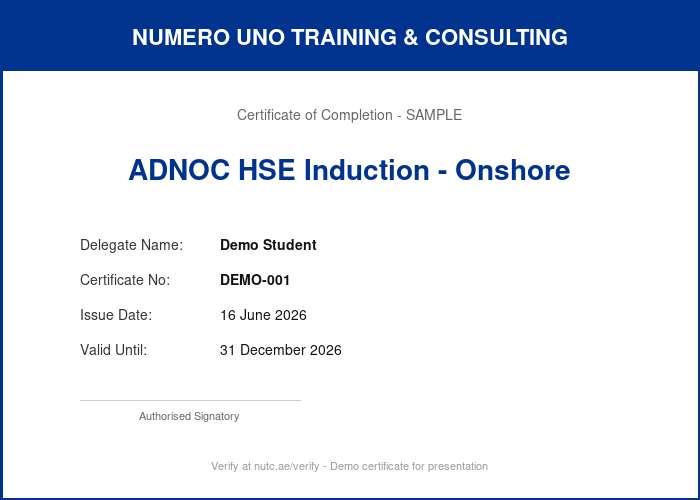 Sample NUTC training certificate